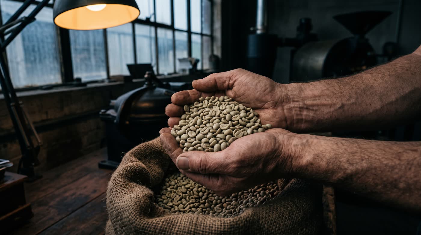Due mani tengono una manciata di caffè crudo sopra un sacco di juta